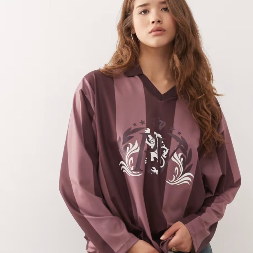 Reclaimed Vintage long sleeve soccer top in pink and purple stripes